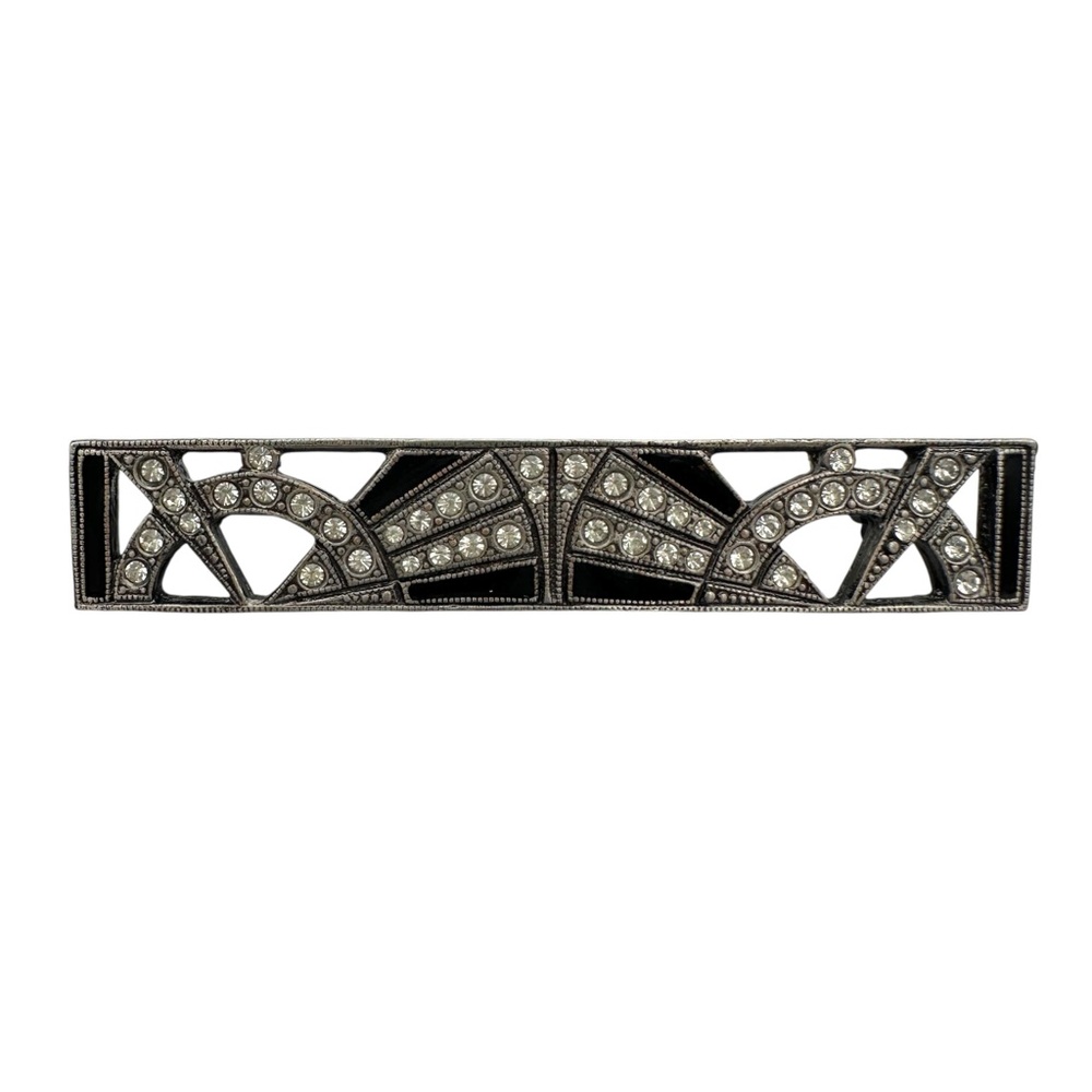 Art Deco Style Black Enamel Rhinestone Bar Brooch Silver Tone